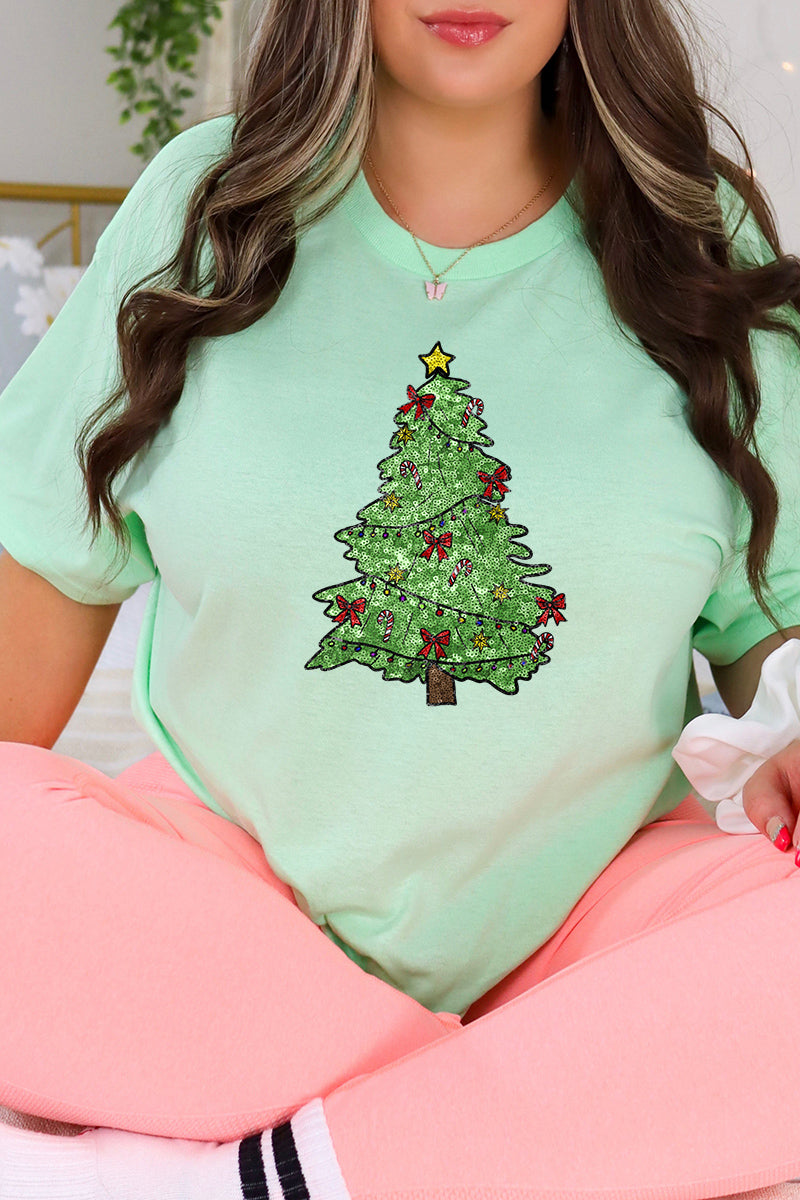 Faux Sequin Christmas Tree Transfer Short Sleeve Relaxed product image 1