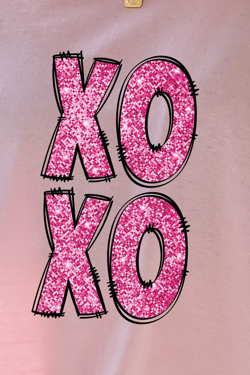 Faux Sequin Pink Stacked XOXO Transfer Short Sleeve Relaxed product image 2