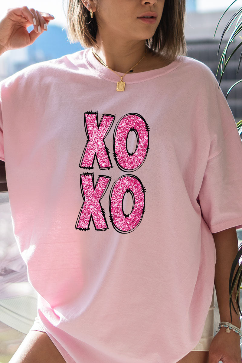 Faux Sequin Pink Stacked XOXO Transfer Short Sleeve Relaxed product image 1