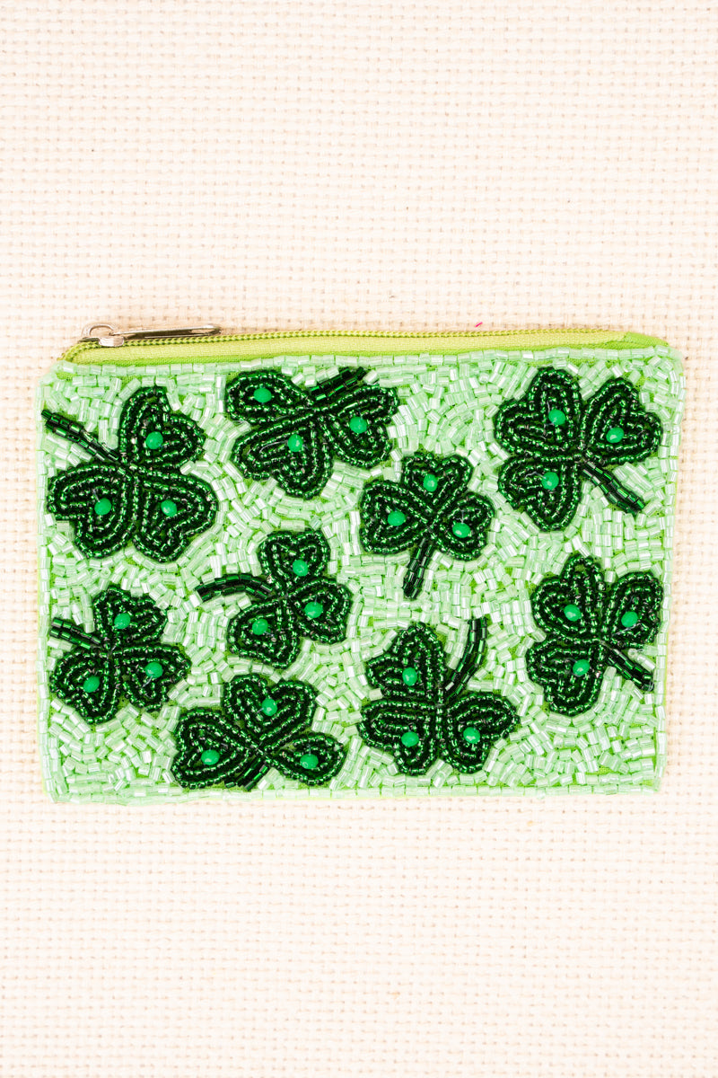 Green Shamrock Seed Bead Coin Purse