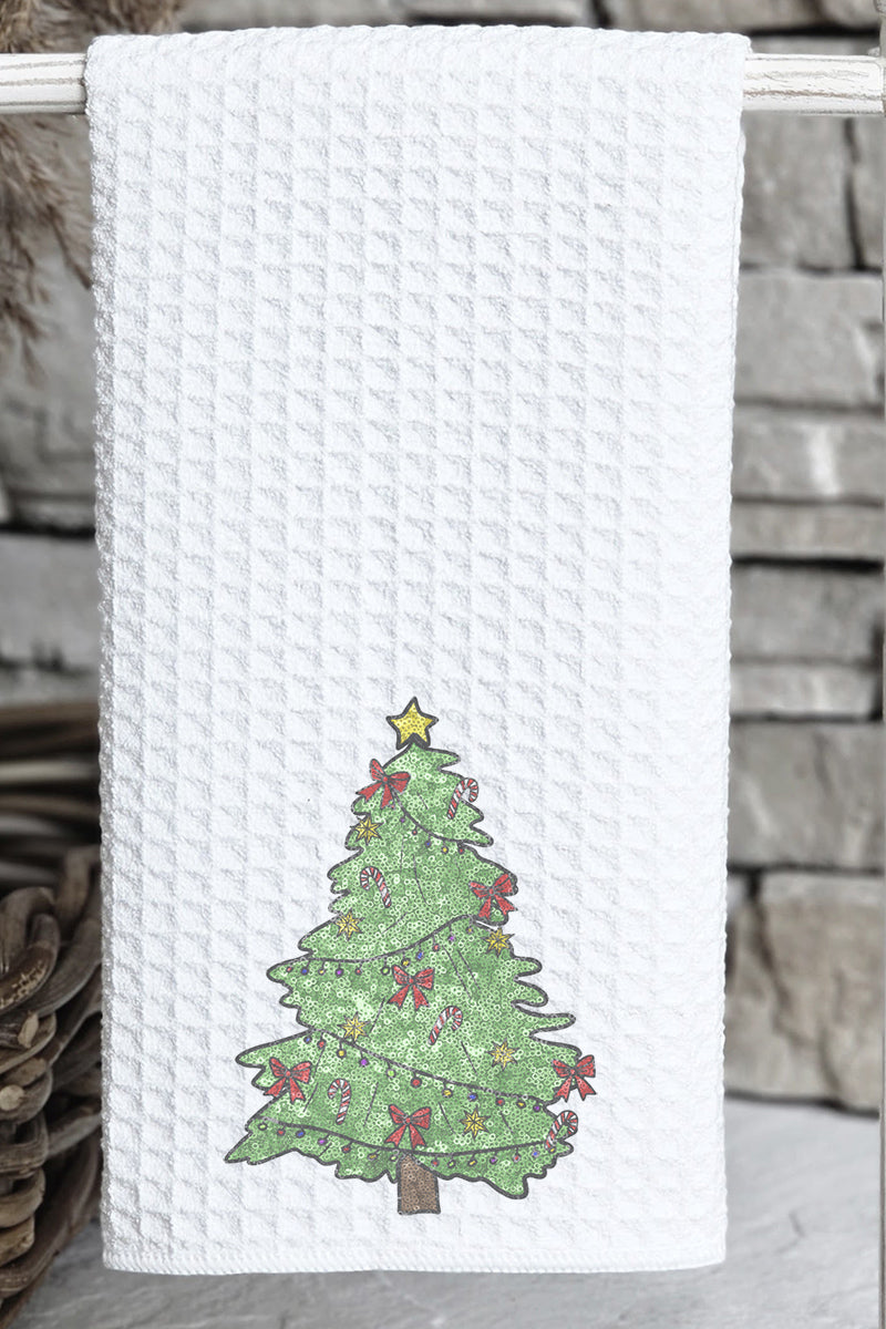 Faux Sequin Christmas Tree Transfer Waffle Kitchen Towel