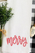Merry Script Faux Tinsel Transfer Waffle Kitchen Towel
