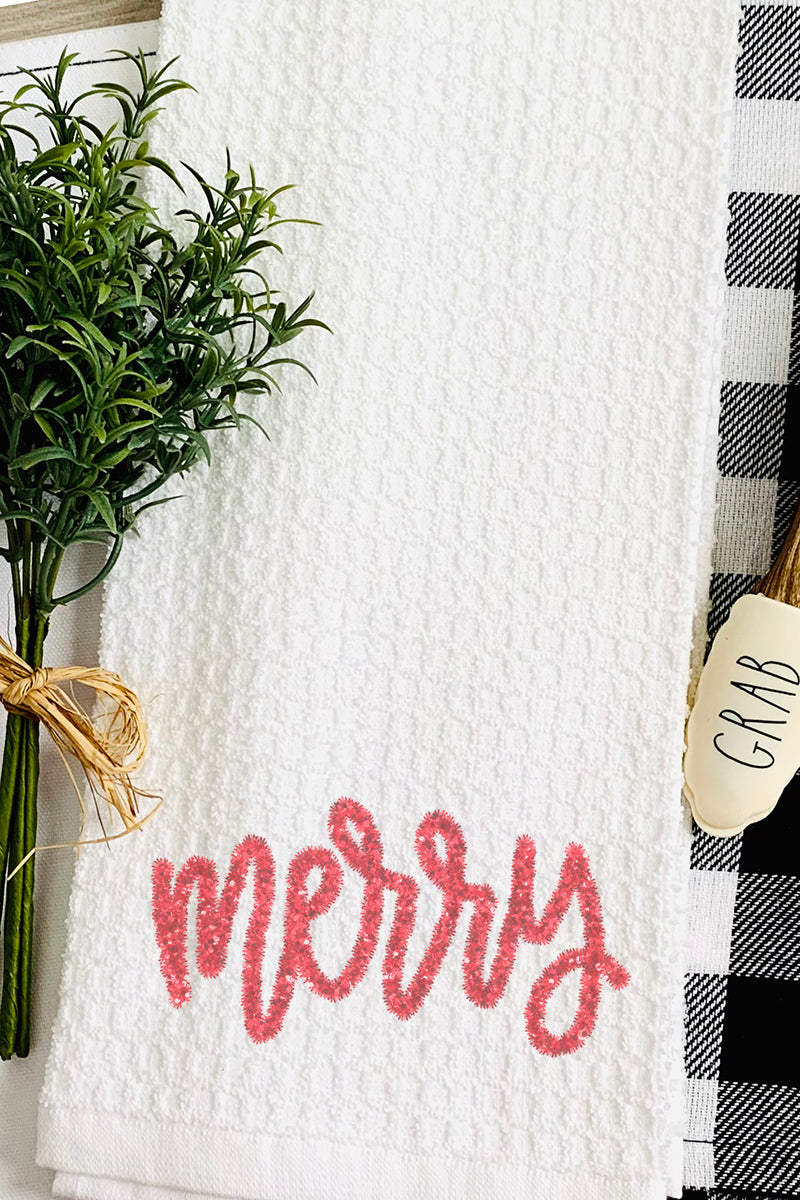 Merry Script Faux Tinsel Transfer Waffle Kitchen Towel