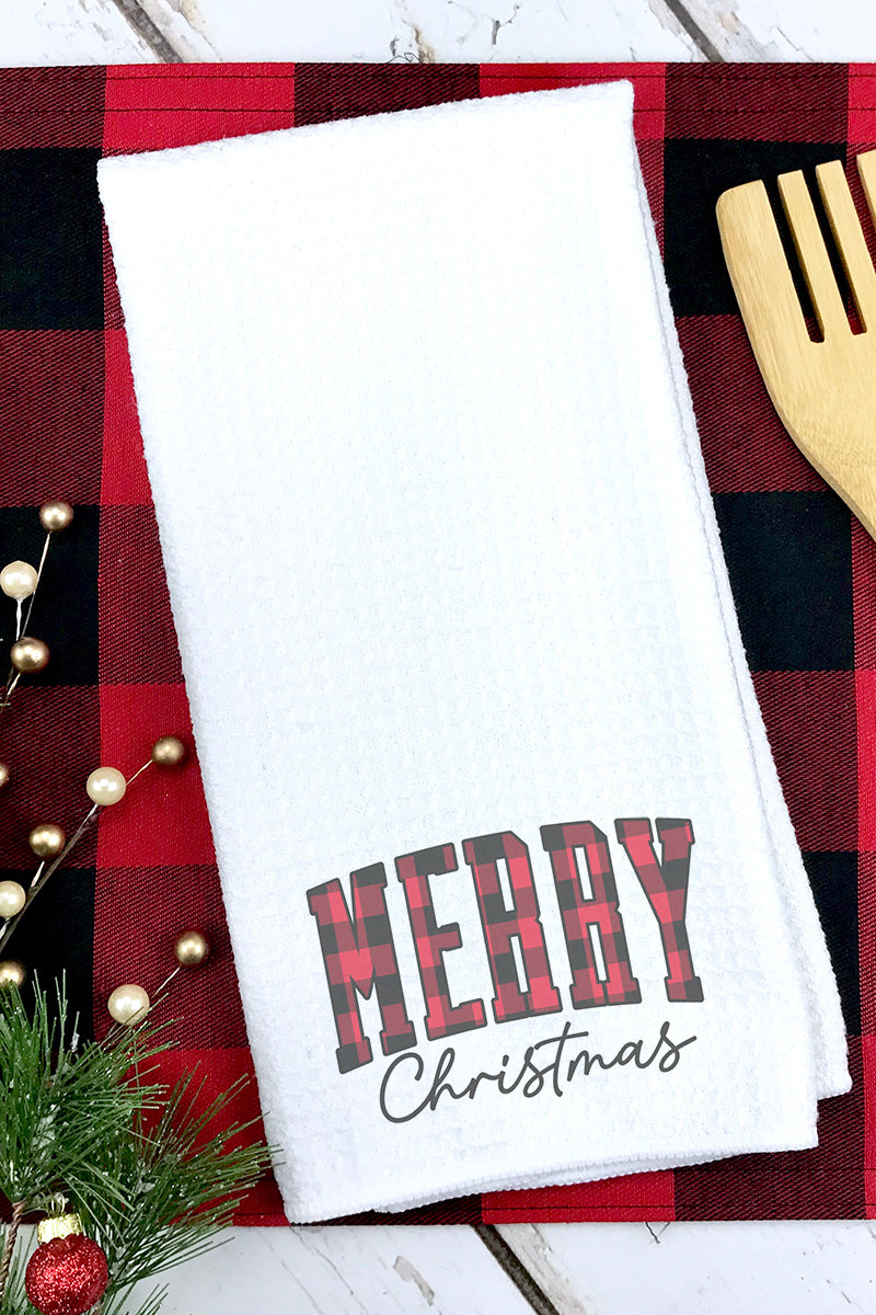 Red Buffalo Plaid Merry Christmas Waffle Kitchen Towel